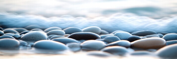 Leinwandbilder - Close up view of smooth beach pebbles with gentle waves washing over them at shoreline during sunset. Generative AI