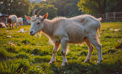 Poster - A goat is walking through a field of grass. The goat is the only animal in the field