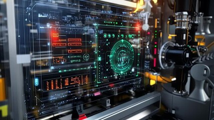 Poster - a detailed image of interconnected sensors on a factory machine with blinking lights indicating data