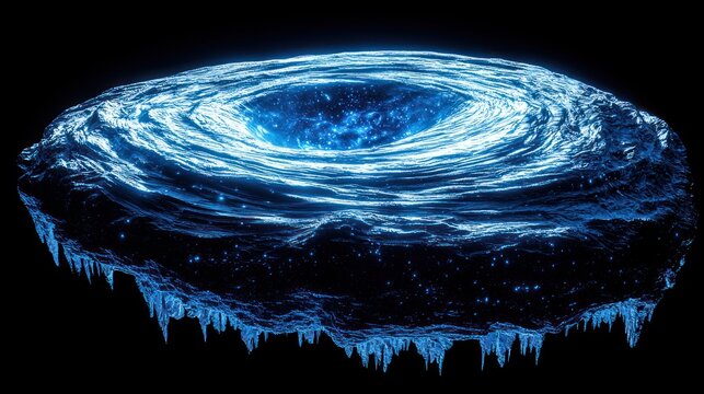 Digital rendering of a cosmic disc, swirling blue and white nebula with icicle-like formations, set against a black background. A visually stunning piece of abstract digital artwork that evokes feelin