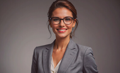 Poster - A woman wearing glasses and a gray suit is smiling. She looks professional and confident. Concept of success and achievement