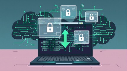 Poster - Secure file transfer concept with glowing arrow symbolizing data movement across digital space towards a stylized computer screen