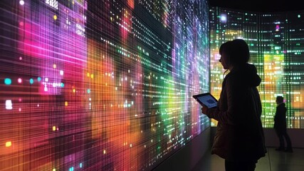 Wall Mural - Professional data scientist analyzing dynamic data patterns on large interactive screen. Using tablet while working in dimly lit technological environment. Exploring complex information visualization