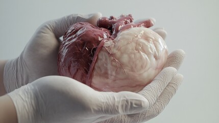 Aufkleber - Realistic anatomical heart gently held in gloved hands against a light background conveying the essence of human anatomy. Generative AI