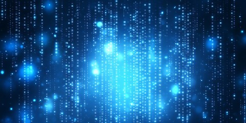Poster - Bright glowing blue tech background with binary code numbers,and a bright light at the end of the tunnel.


