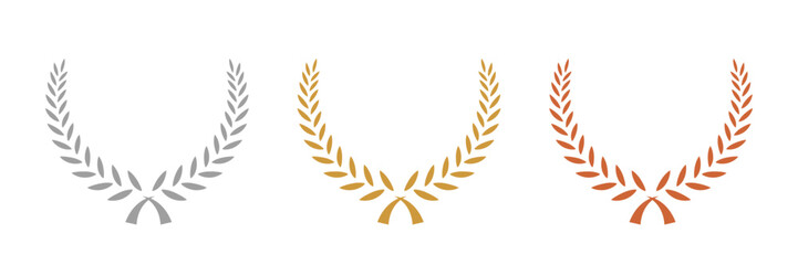 Wall Mural - gold, silver, bronze laurel wreaths. winner medal award set vector illustration. victory symbol, tri
