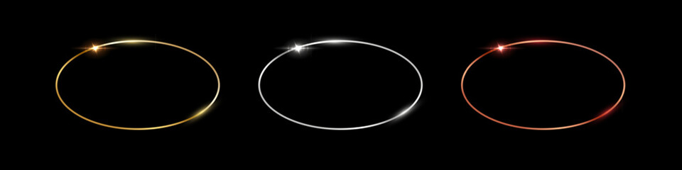 Poster - gold, silver and bronze oval frames. metal thin ellipse photo or picture frames isolated on black ba