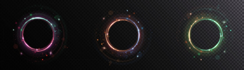 Poster - Abstract set of glowing circles in bright colorful colors, light effect around bright circles with bright glow on black background.