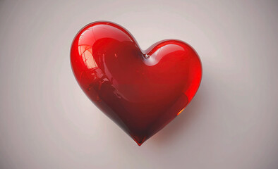 Poster - A heart made of glass is shown in a white background. The heart is red and he is floating in the air. Concept of love and warmth, as the heart is a symbol of affection and care