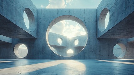 Poster - Abstract concrete structure with circular openings, showcasing sunlight and sky.
