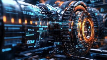 Aufkleber - a closeup of an intricate gear assembly with a digital overlay showing performance metrics and ai pr