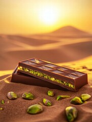 Poster - Pistachio paste filled chocolate bar resting on golden desert sand at sunset. Generative AI