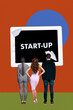 © deagreez - Composite trend artwork sketch image photo collage of team business startup job success new beginning tablet display young lady man stand