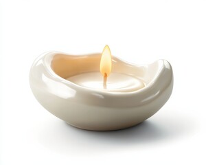 A lit candle in a unique ceramic holder, creating a warm ambiance.