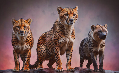 Poster - Three cheetahs standing on a rock, one of which is a hyena. The scene is set against a pink background, giving it a warm and peaceful atmosphere