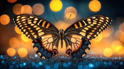 Poster - Ethereal Butterfly with Golden Bokeh Lights at Night: A Close-Up Macro Photograph of a Butterfly's Intricate Wing Details Against a Sparkling Background