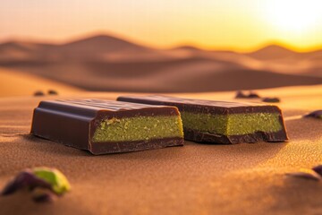 Aufkleber - Delicious chocolate bar filled with smooth pistachio paste displayed on sandy desert landscape at sunset. Generative AI