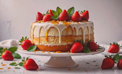 Poster - A white cake with strawberries and mint leaves on top. The cake is sitting on a white plate