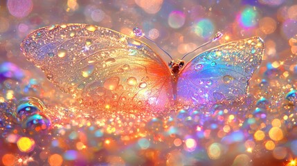 Poster - Iridescent Butterfly with Water Droplets in a Sparkling Bokeh Setting