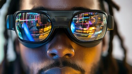Aufkleber - closeup of an employee wearing virtual reality goggles their expression intense with reflections of 
