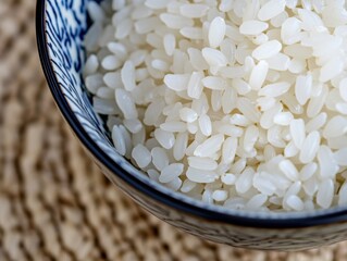 Wall Mural - Detailed photo of rice grains in a bowl. Close-up view showing the texture and shape of the grains. Highlighting the quality and purity of rice. Ideal for culinary websites and healthy diet articles.