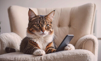 Aufkleber - A cat is laying on a chair and holding a cell phone in its mouth. The cat appears to be curious and playful, as it is interacting with the phone. The scene is lighthearted and fun