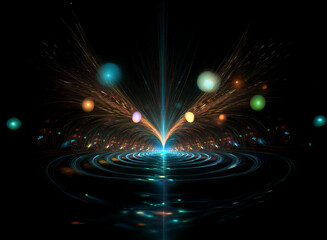 Poster - Abstract background image featuring a vibrant bokeh effect.  Glowing lights radiate from a central point, resembling a celestial burst or fireworks display, reflected in concentric circles below.