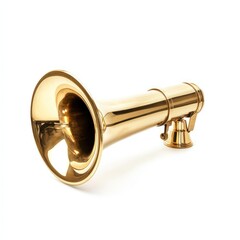 Brass Ships Horn: Gleaming brass ship's horn, a maritime artifact with a rich history, isolated against a pure white background. Its polished surface reflects light.