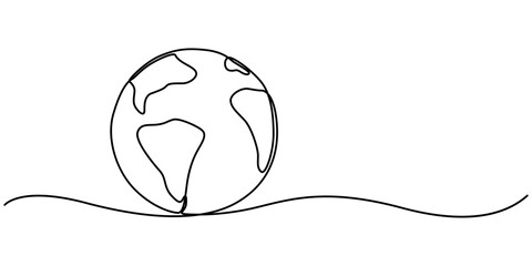 Fototapete - Planet Earth Continuous Line Icon, Planet Earth continuous line drawing. World map with curve line. Linear globe symbol. Vector illustration isolated on white, Ecology Single Line Icon, pro vector.