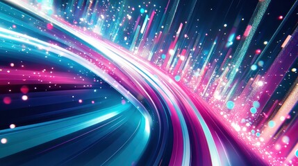 Poster - Dynamic Glowing Trails Abstract Digital Art with Vibrant Pink, Blue, and White Light Streaks on Dark Background
