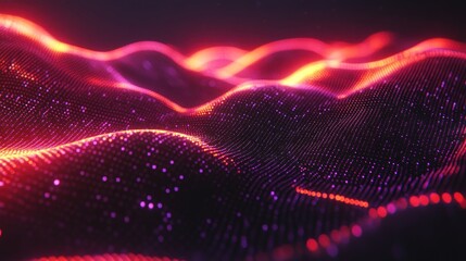 Poster - Vibrant Abstract Landscape of Glowing Particles and Undulating Waves in Red, Orange, and Pink Hues