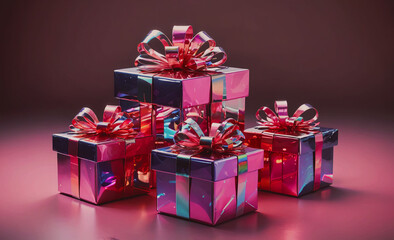 Poster - three pink boxes with red bows on top of each other. the boxes are stacked on top of each other, cre