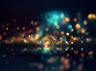 Aufkleber - Abstract background image featuring colorful bokeh lights, glowing and shimmering, creating a dreamy, dark ambiance.  The lights reflect on a dark surface, adding depth and sparkle.