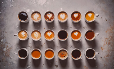 Poster - A row of coffee cups with hearts on them. The cups are arranged in a line, with some cups having hearts and others having coffee. Concept of warmth and comfort, as the cups are filled with hot