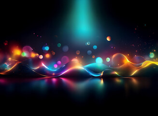 Poster - Abstract background with vibrant, colorful bokeh lights and flowing, luminous waves reflecting on a dark surface.