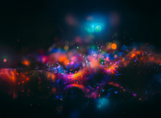 Poster - Abstract background image featuring vibrant, colorful bokeh lights and fluid, dynamic splashes. The dark backdrop enhances the luminosity of the multicolored particles.