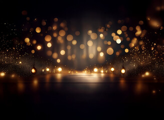 Poster - Abstract background of bokeh lights.  Golden and amber lights create a magical, shimmering effect on a dark, reflective surface.