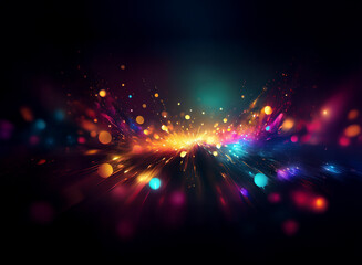 Poster - Abstract background of vibrant bokeh lights, creating a dynamic, colorful explosion effect.  The multicolored lights stream outward from the center, radiating energy and luminosity against a dark back