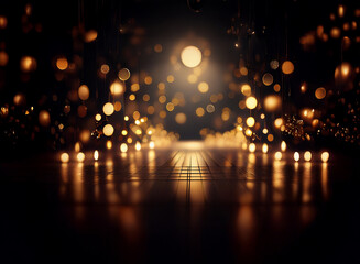 Aufkleber - Abstract background with bokeh lights. Golden orbs illuminate a dark, reflective floor, creating a magical, atmospheric scene.  The lights form a pathway leading to a bright center.