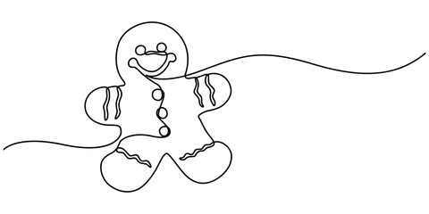 Poster - One continuous line drawing of baked gingerbread man, One solid line drawing of a gingerbread man, Christmas baking, vector illustration, Continuous line drawing of Gingerbread cookie christmas. 