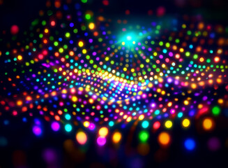 Poster - Abstract background of colorful bokeh lights, forming a wavy, glowing pattern.  The vibrant, multicolored dots create a dynamic, energetic visual.