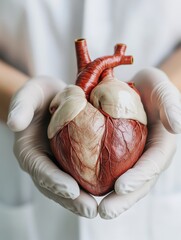 Aufkleber - Realistic anatomical heart gently held by gloved hands in a clinical setting, showcasing detailed structure. Generative AI
