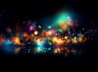 Poster - An abstract background image featuring vibrant bokeh lights, colorful glows, and sparkling particles.  A dark, almost black backdrop enhances the luminescence.