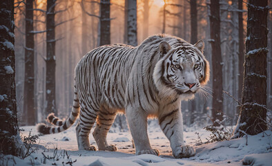Poster - A white tiger is walking through the snow in a forest. Concept of tranquility and beauty, as the tiger's white fur contrasts with the snowy landscape. The scene evokes a feeling of harmony between the