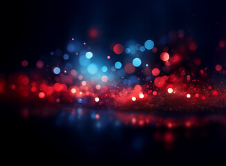 Poster - Abstract background of red and blue bokeh lights, creating a sparkling, glittering effect.  The lights appear to be floating on a dark surface.