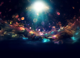 Poster - Abstract background image featuring a vibrant, colorful landscape illuminated by bokeh lights.  The scene evokes a sense of wonder and magic with glowing particles and swirling textures.