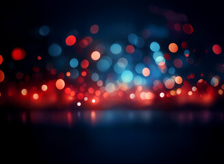 Poster - Abstract background with bokeh lights.  Red, blue, and orange glowing circles create a vibrant, blurry, nocturnal scene reflected on a dark surface.