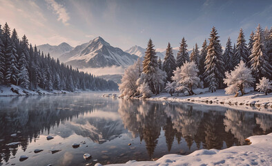 Poster - A snowy landscape with a river and mountains in the background. The scene is peaceful and serene, with the snow-covered trees reflecting the beauty of the landscape