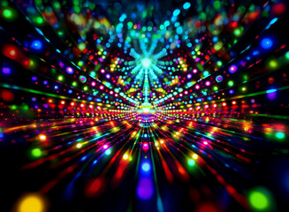 Poster - Abstract background of colorful bokeh lights creating a radiant, symmetrical tunnel effect.  The vibrant colors and glowing orbs form a mesmerizing visual.