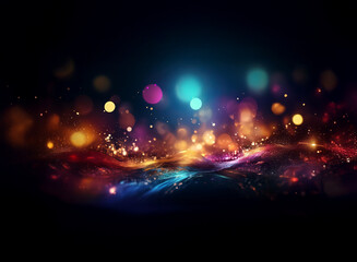 Poster - Abstract background of colorful bokeh lights, creating a vibrant and luminous wave-like effect.  The dark backdrop enhances the brilliance of the glowing particles.